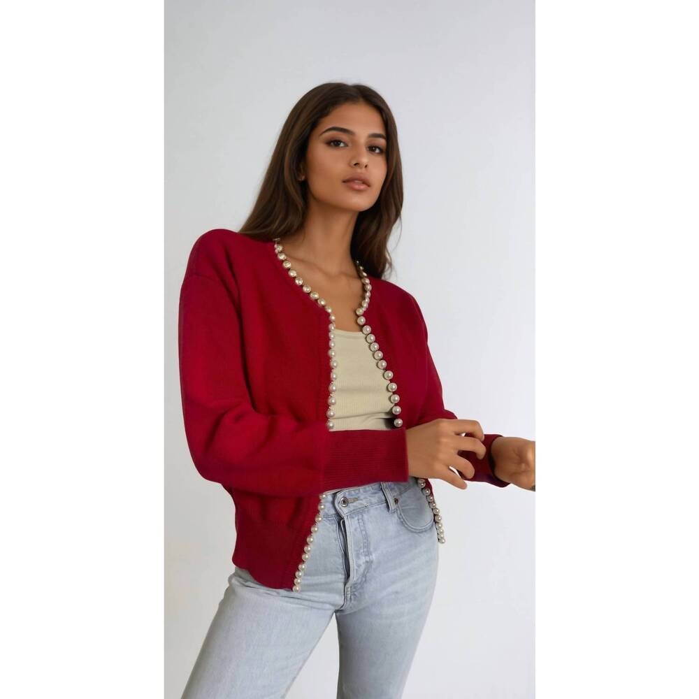 NEW SELF-SAME charlotte pearl trim cardigan in red